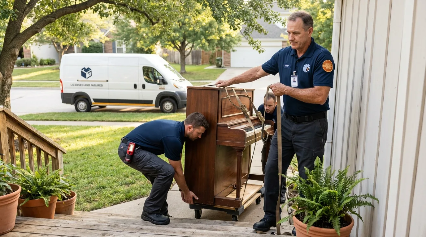 Licensed piano movers securing grand piano in Centerport, NY