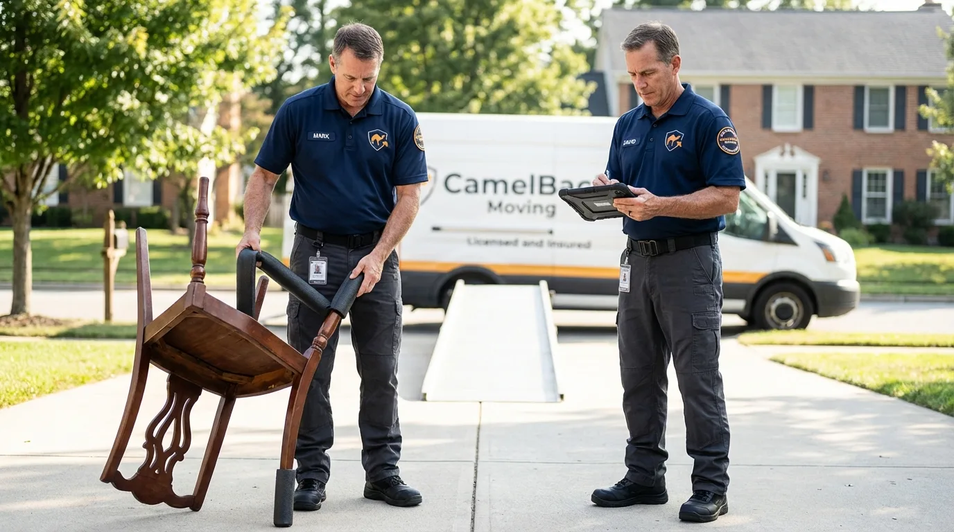Movers inspecting furniture for damage prevention before loading in Centerport, NY