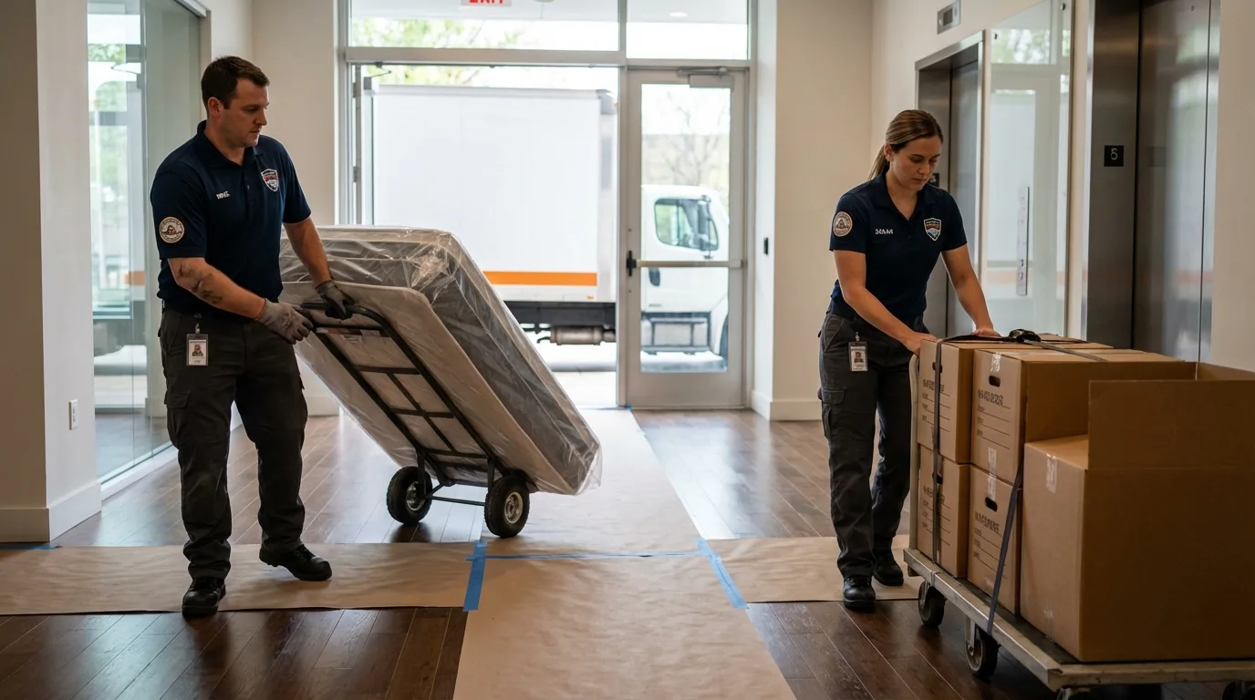 Professional apartment movers loading elevator in Centerport, NY