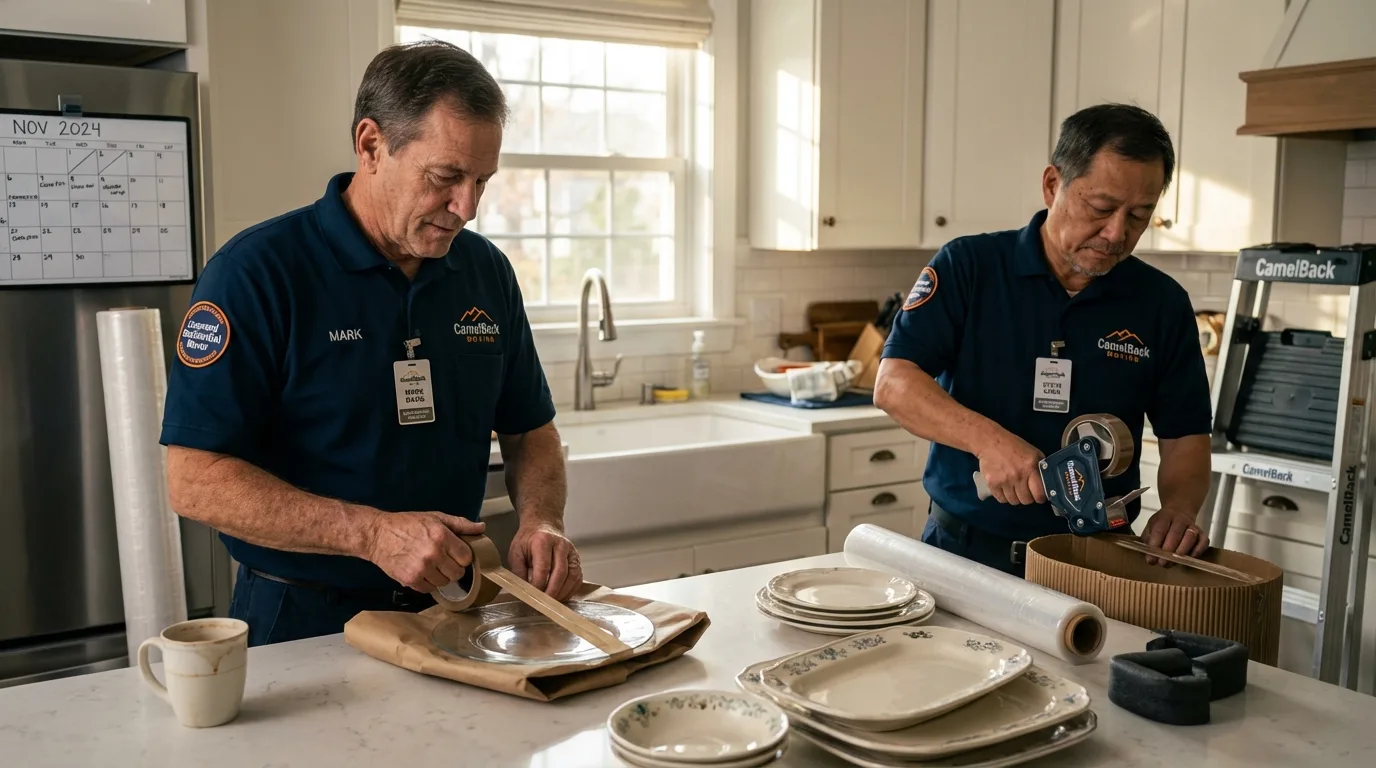 Professional crew packing kitchen dishware in Centerport, NY